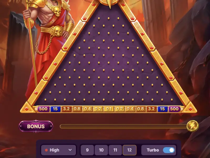 GodPlay Plinko high risk board screenshot with wider multiplier spread