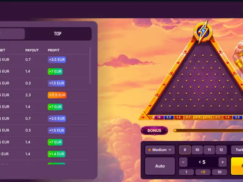 GodPlay Plinko Zeus bonus state with boosted multipliers